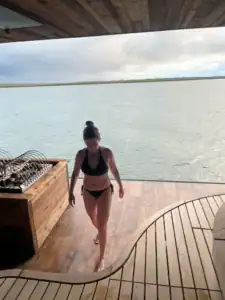 Me in the sauna at the Sky lagoon with ocean views.