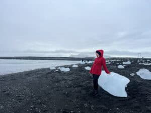 Exploring Diamond Beach with a bunch of washed up icebergs on the sand.