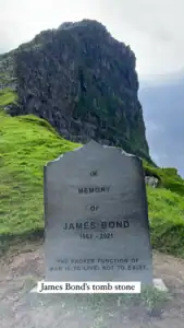 The James Bonds tombstone from the movie "No Time To Die" that was on the Kallur lighthouse hike.