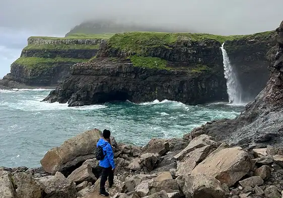 Me at a closer angel to see the iconic Mulafossur waterfall.
