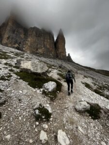 Hiking the Tre Cime di Lavaredo hike in not so great rainy weather.