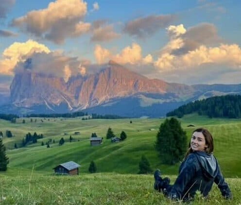 Sitting in Alpe di Siusi during sunset.