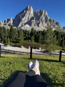 Our first stop in the Dolomites was this restaurant with lawn chairs out front to relax in while staring at the mountain views.