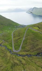 Drone shot driving into Gjogv