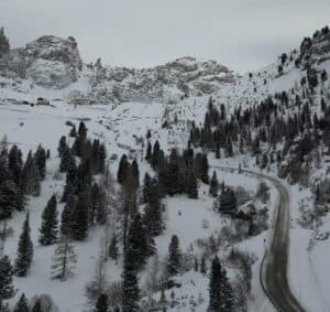 Driving through the mountain pass called Passo Gardena to get to Alta Badia for a ski day.