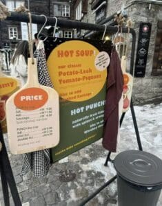 Hot soup and hot punch stand where you can add a shot of whiskey to warm you up